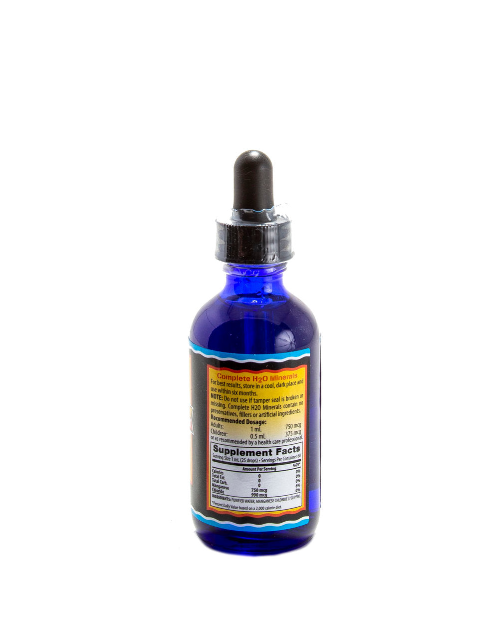 Blue glass bottle with a dropper on a white background