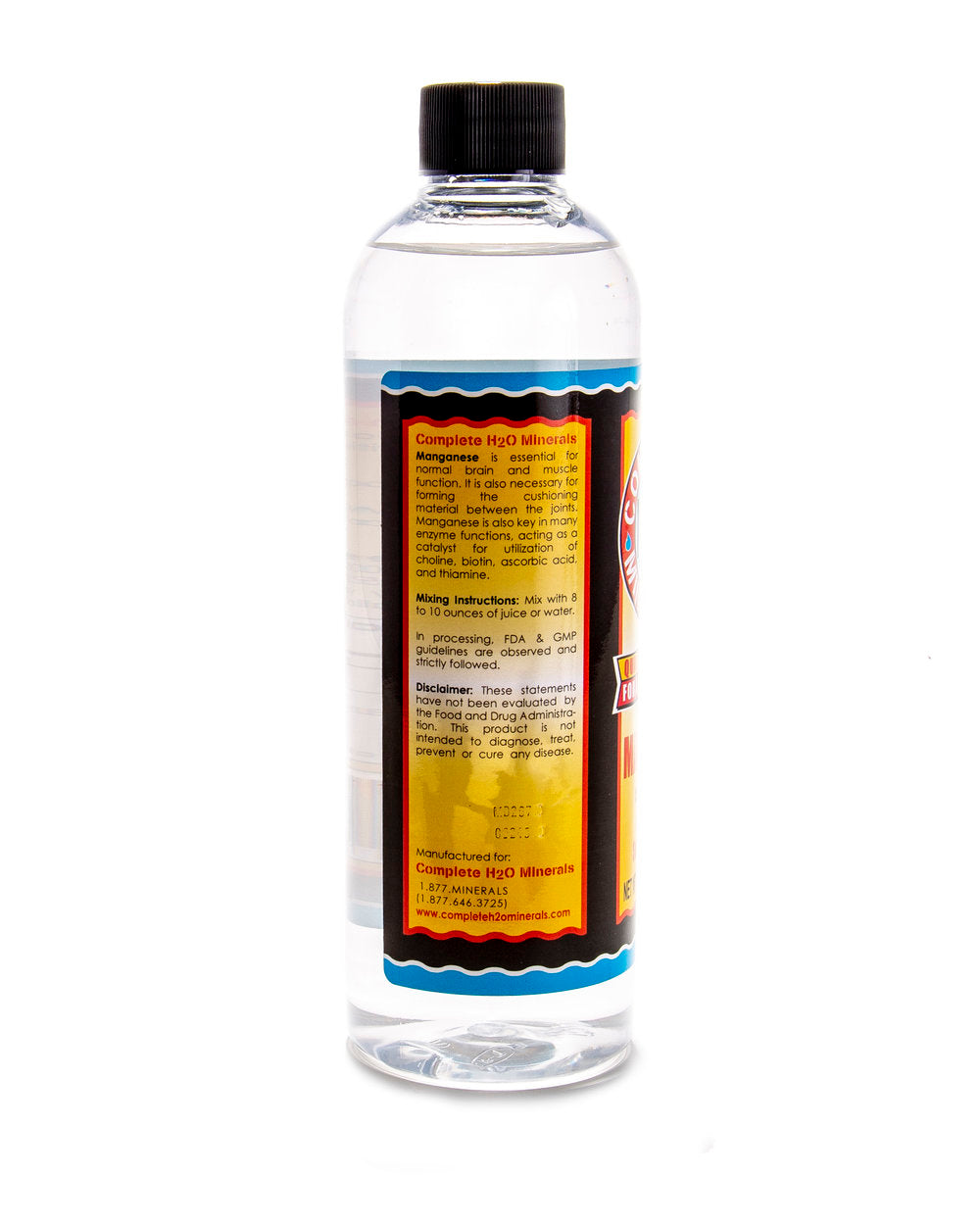 Clear bottle with a colorful label on a white background