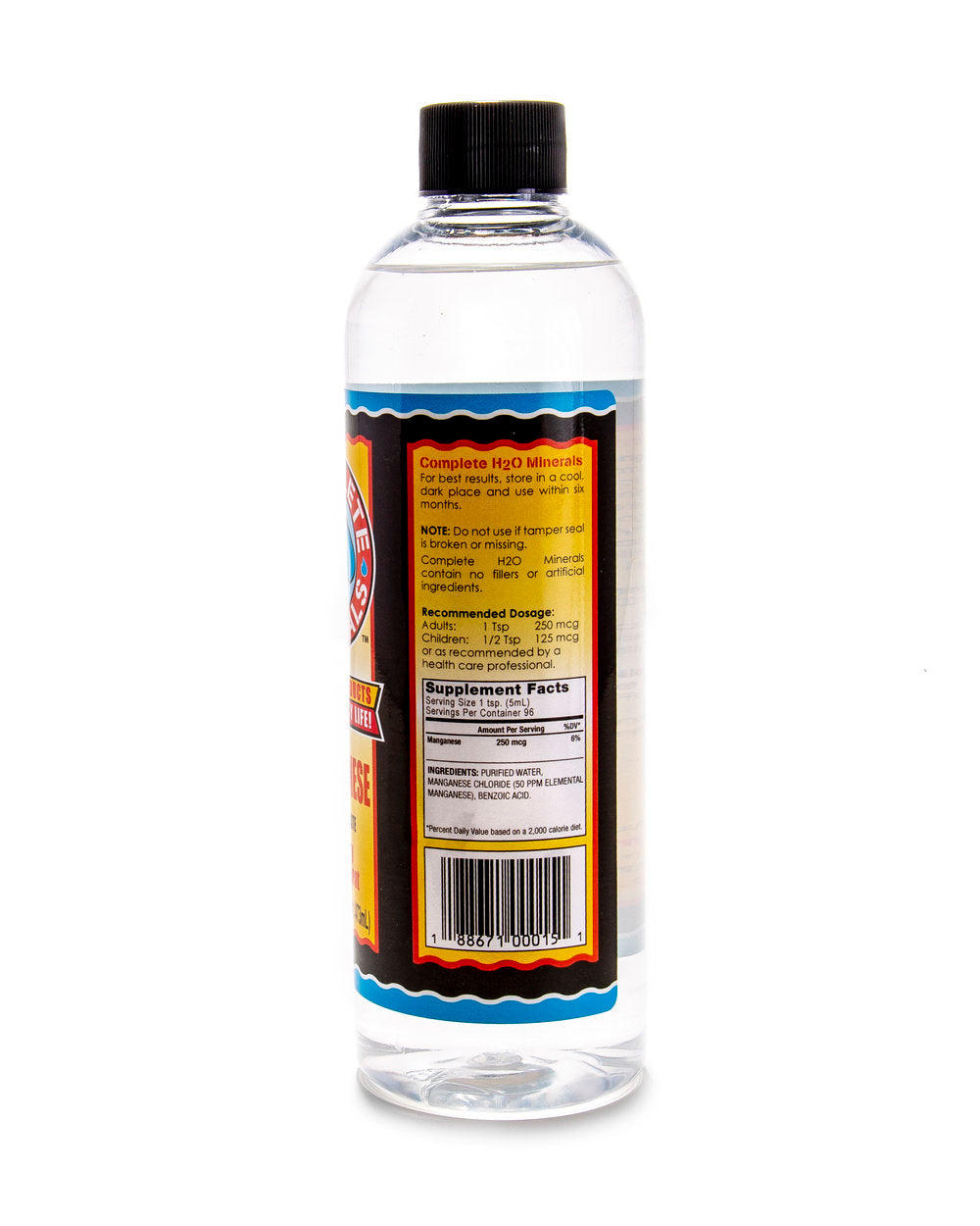 Clear supplement bottle with colorful label on a white background