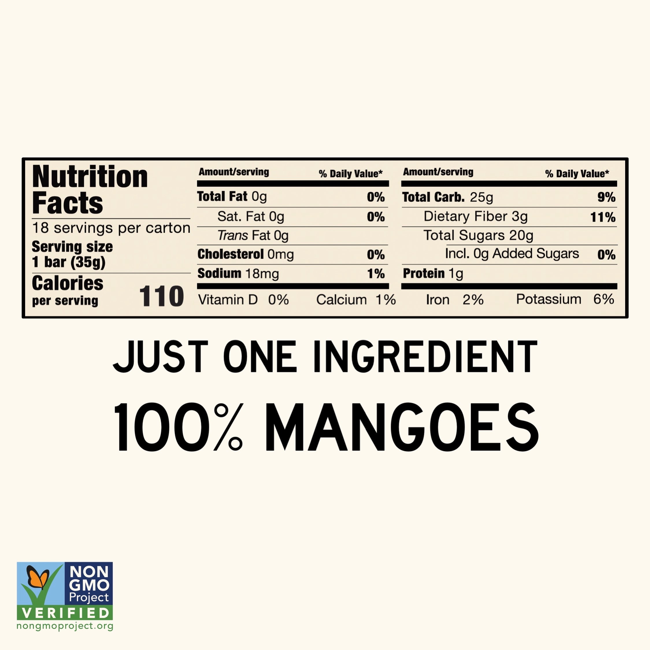 South Forty Mango 18-Pack nutrition facts label showing 100% mango fruit bars made with one ingredient, Non-GMO Project Verified, 110 calories per bar, vegan, gluten-free dried mango snack, natural tropical fruit snack nutrition panel.