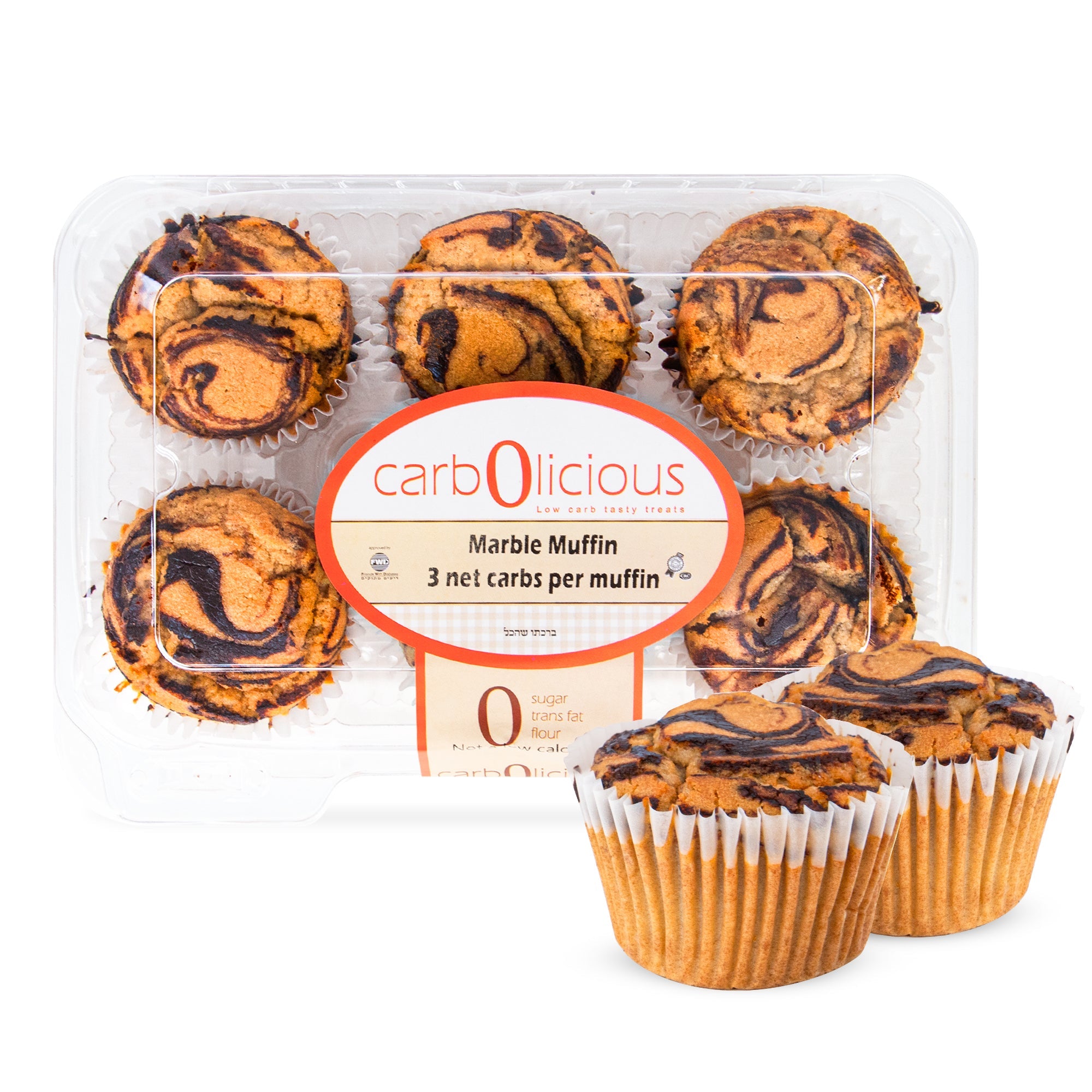 Carbolicious Home-Style Marble Muffins in a 6-pack, featuring rich chocolate swirls, low-carb and sugar-free recipe, with only 3g net carbs per muffin in a clear bakery package on a white background.