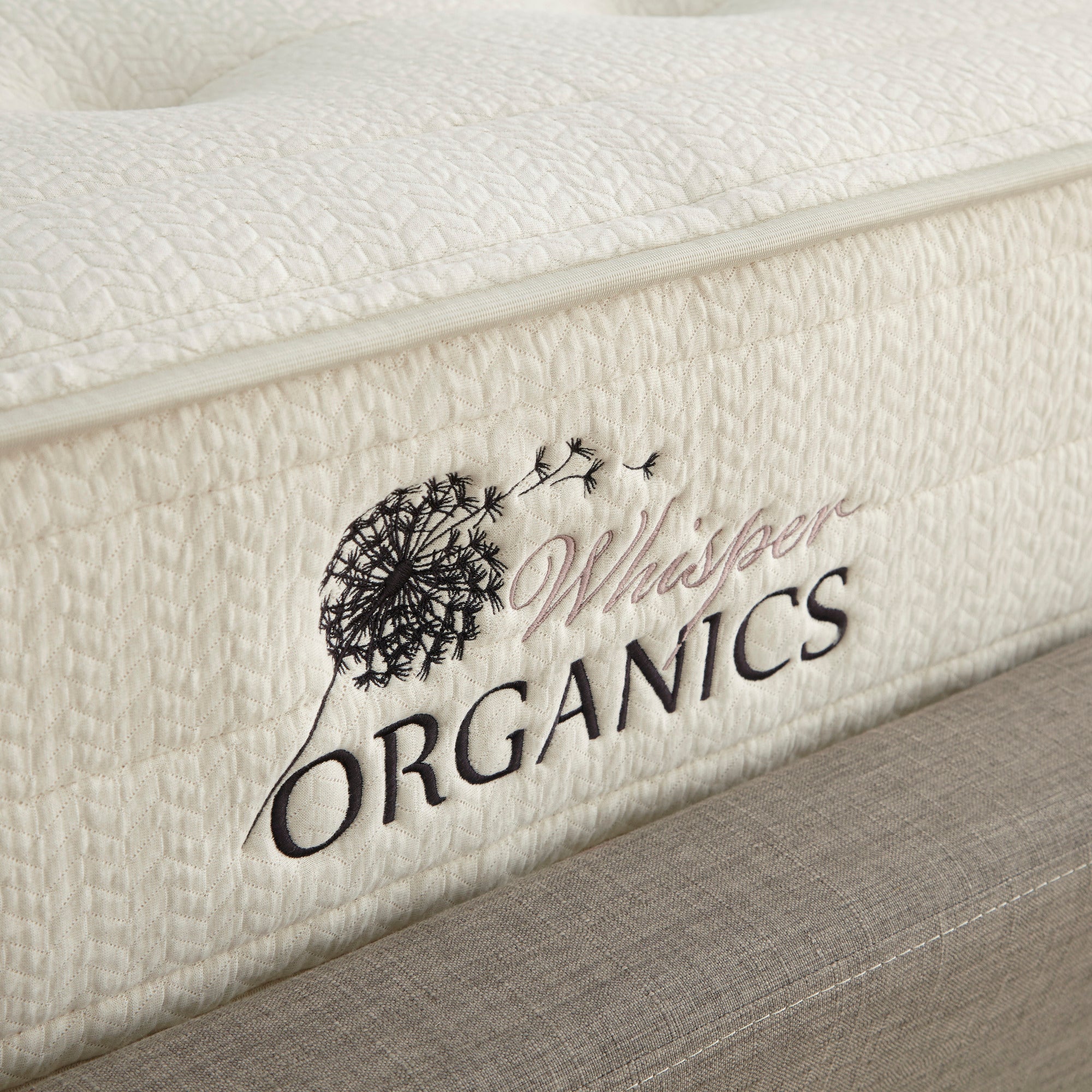 Close-up of a mattress with 'Whisper Organics' branding. Mattress on a bed in a bedroom with 'Whitney Organics' branding. 100% GOTS & GOLS-Certified organic cotton, wool and latex, 10" profile: 2" organic Dunlop latex + 7-zone pocketed coils, Medium feel for that “just right” balance of comfort + support, Breathable organic wool & cotton cover for airflow and temperature regulation, Lumbar support with zoned coil design, Suitable for an adjustable base & Made with sustainable, renewable materials, usa