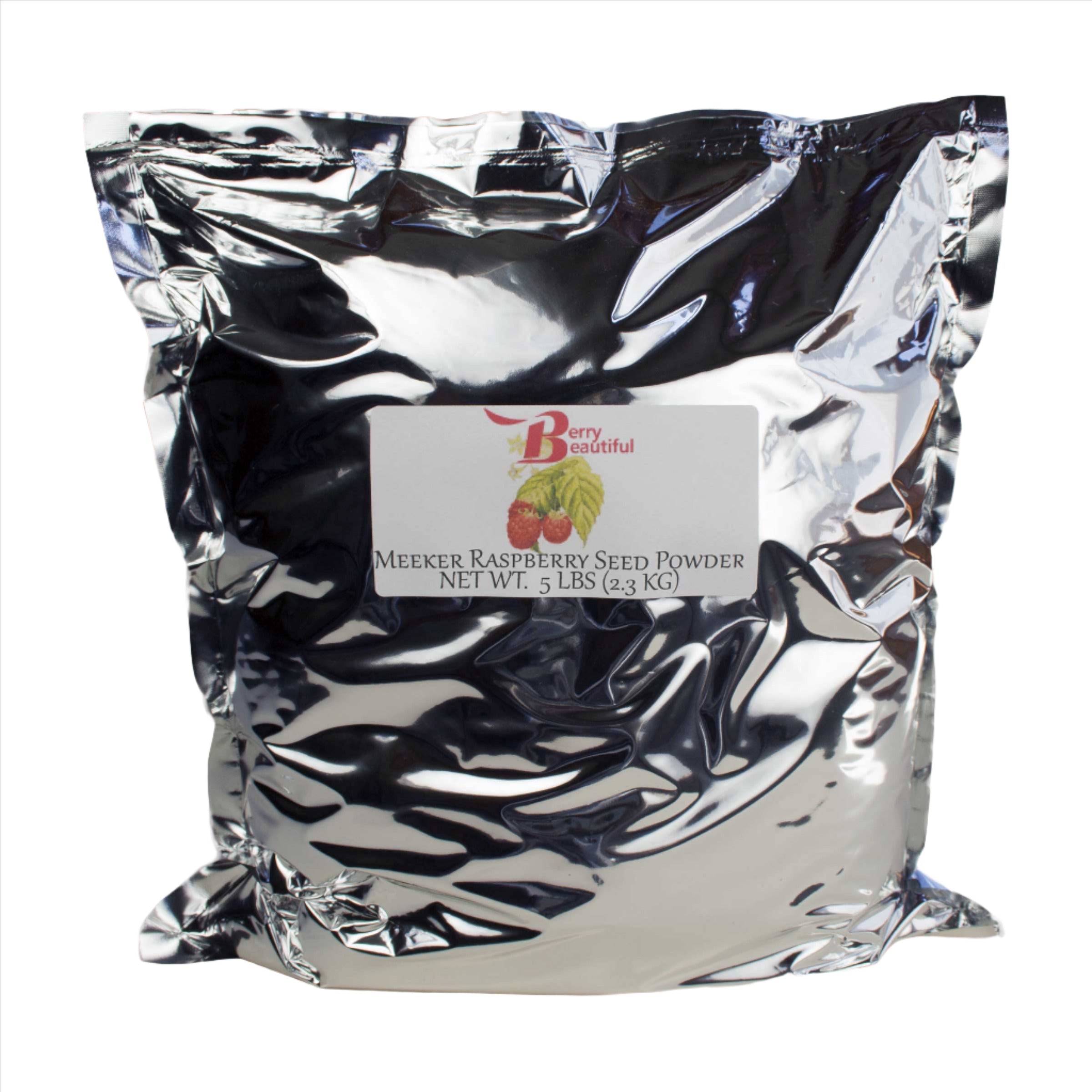 Bag of Meeker Raspberry Seed Powder with a visible label on a white background. NET WT. 5 LBS (2.3 KG) powder supplement