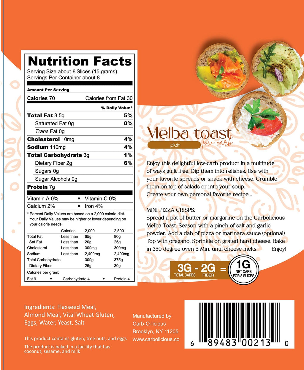 Carbolicious Melba Toast Low-Carb Sugar Free (PLAIN) KETO Snack, 4oz - 1g Net carbs per 8 slices
