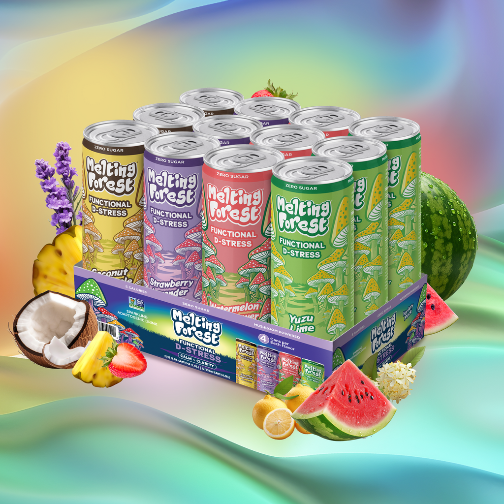 Melting Forest D-Stress Functional Beverage Variety Pack 12 Pack featuring assorted zero sugar non-alcoholic vegan drinks in Coconut Pineapple, Strawberry Lavender, Watermelon Elderflower, and Yuzu Lime flavors with colorful tropical fruit and botanical ingredients on a vibrant background
