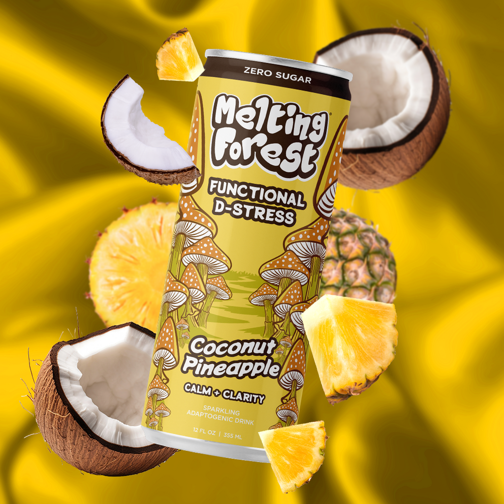 Melting Forest Coconut Pineapple D-Stress Functional Drink 12 fl oz can, zero sugar, non-alcoholic vegan sparkling adaptogenic beverage for calm and clarity, featuring coconut and pineapple flavors with tropical fruit and botanical mushroom-inspired artwork on a vibrant golden yellow background