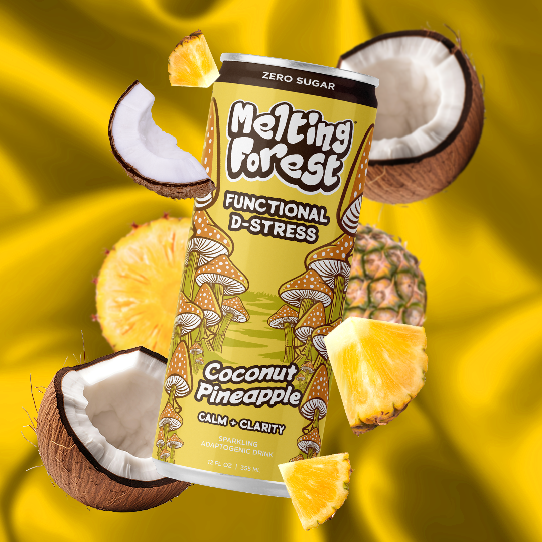 Melting Forest Coconut Pineapple D-Stress Functional Drink 12 fl oz can, zero sugar, non-alcoholic vegan sparkling adaptogenic beverage for calm and clarity, featuring coconut and pineapple flavors with tropical fruit and botanical mushroom-inspired artwork on a vibrant golden yellow background