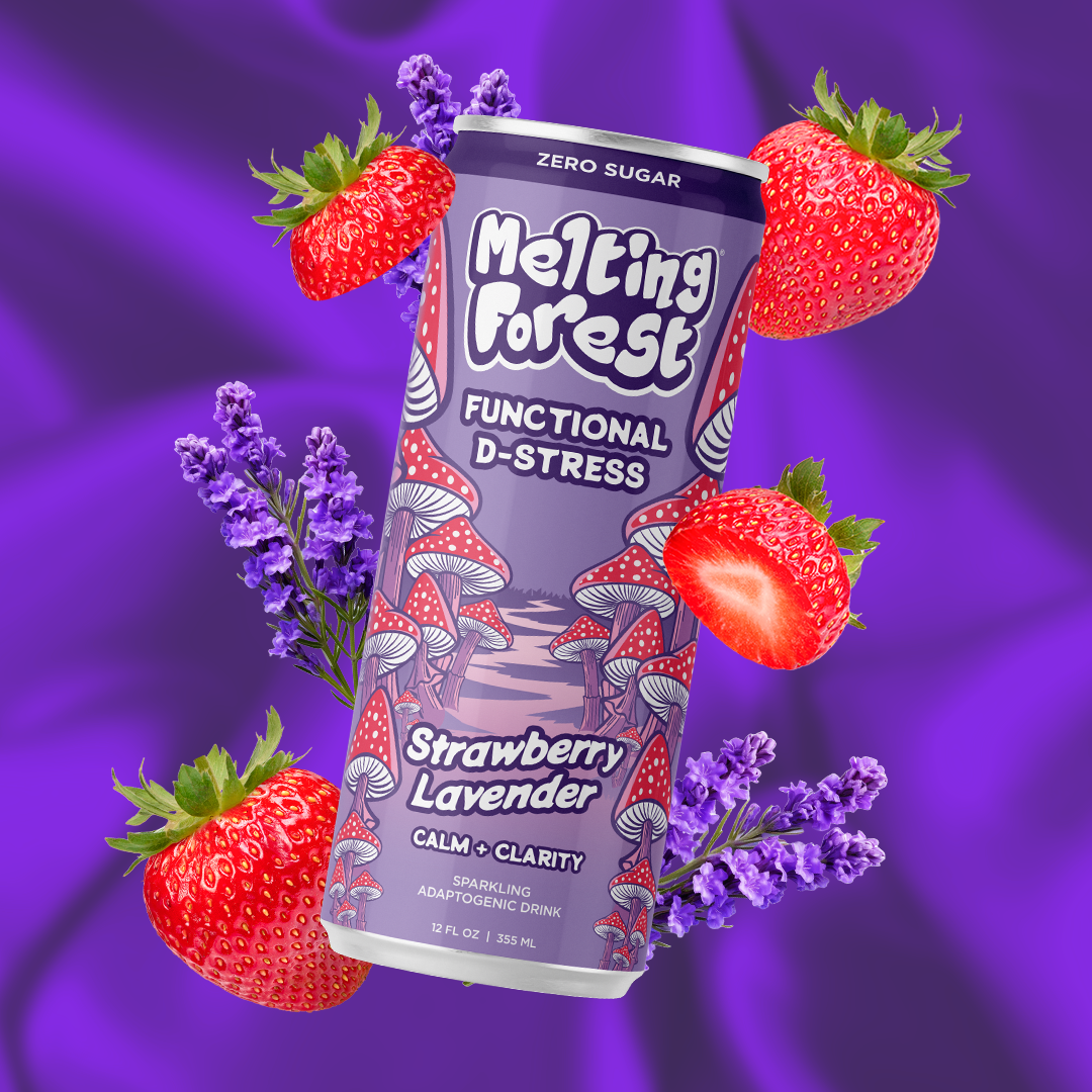 Melting Forest Strawberry Lavender D-Stress functional sparkling drink, zero sugar, non-alcoholic vegan adaptogenic beverage in a 12 fl oz can with real strawberry and lavender flavors, designed for calm and clarity, surrounded by fresh strawberries and lavender flowers on a vibrant purple background