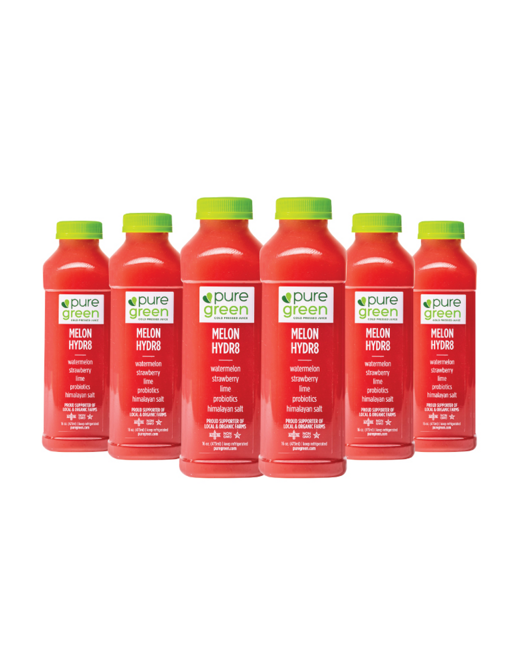 Red bottles with green caps labeled 'pure green' on a white background. Watermelon, Strawberry, Lime, Probiotics, Himalayan Salt, proud supporters of local and organic farms. The PURE GREEN company cold pressed juice drink.
