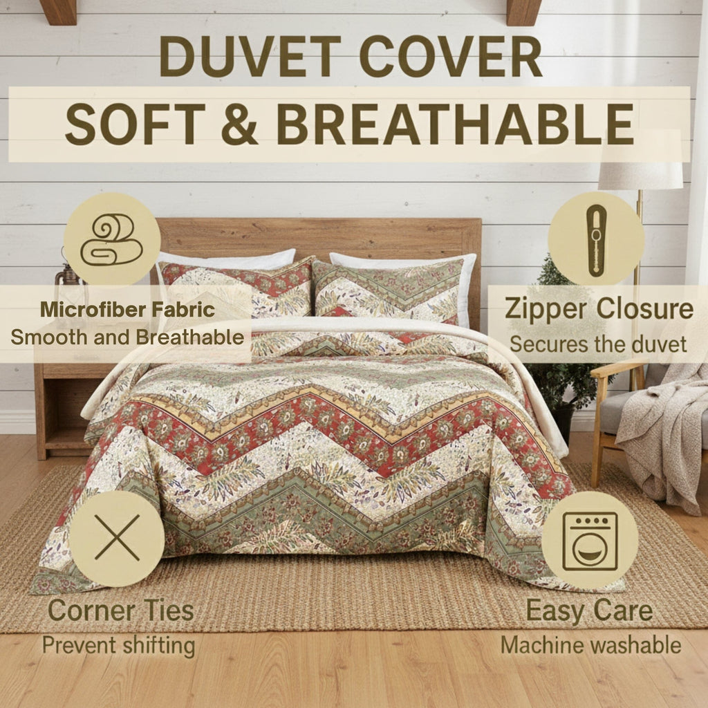DaDa Bedding Cranberry Sage Floral Chevron Duvet Cover Set