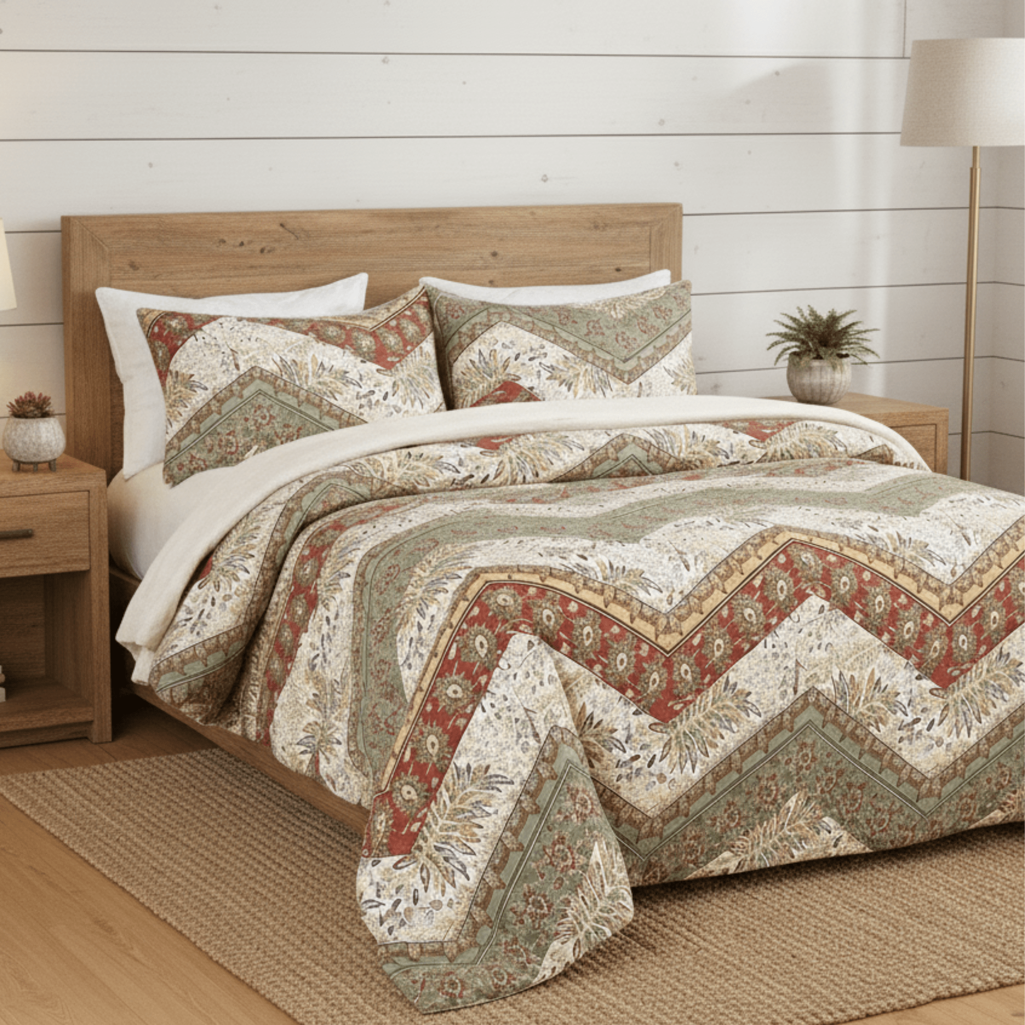 DaDa Bedding Cranberry Sage Floral Chevron Duvet Cover Set