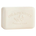 High-quality, studio-lit product photograph of a travel-size Pre de Provence Milk shea butter soap bar, featuring clear branding visible on the surface, set against a pristine, seamless white background.