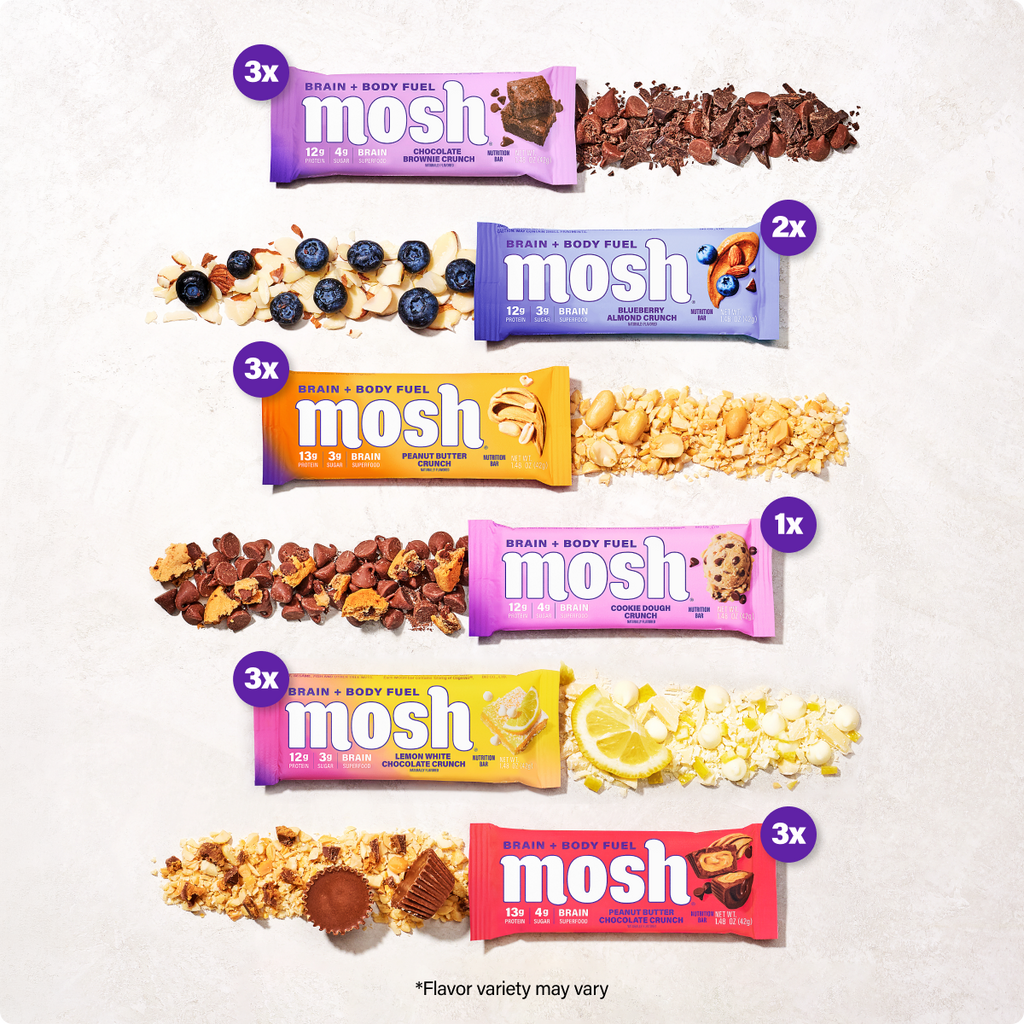 A promotional graphic showing multiple Mosh grain and body fuel protein bars in different flavors, arranged in horizontal rows with ingredient piles above each bar on a light textured background. Purple circular labels indicate quantity multipliers such as 3x and 2x.