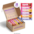 An open cardboard box of Mosh protein bars with several colorful individual packet bars displayed beside it on a white background. A white circular badge reads '15 BARS', and the box interior shows purple branding and flavor labels. Chocolate Brownie Crunch 3x
Peanut Butter Crunch 3x
Peanut Butter Chocolate Crunch 3x
Cookie Dough Crunch 1x
Blueberry Almond Crunch 2x
Lemon White Chocolate Crunch 3x