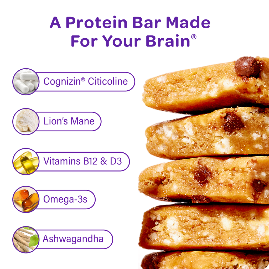 Protein bars with health benefits listed on a white background