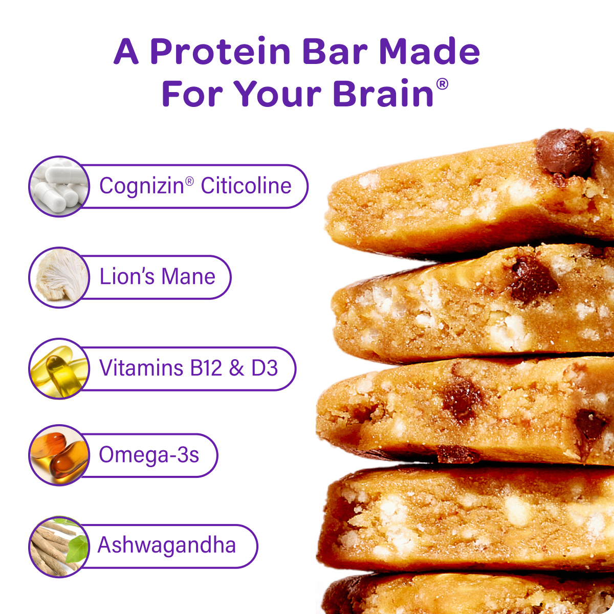 Protein bars with health benefits listed on a white background