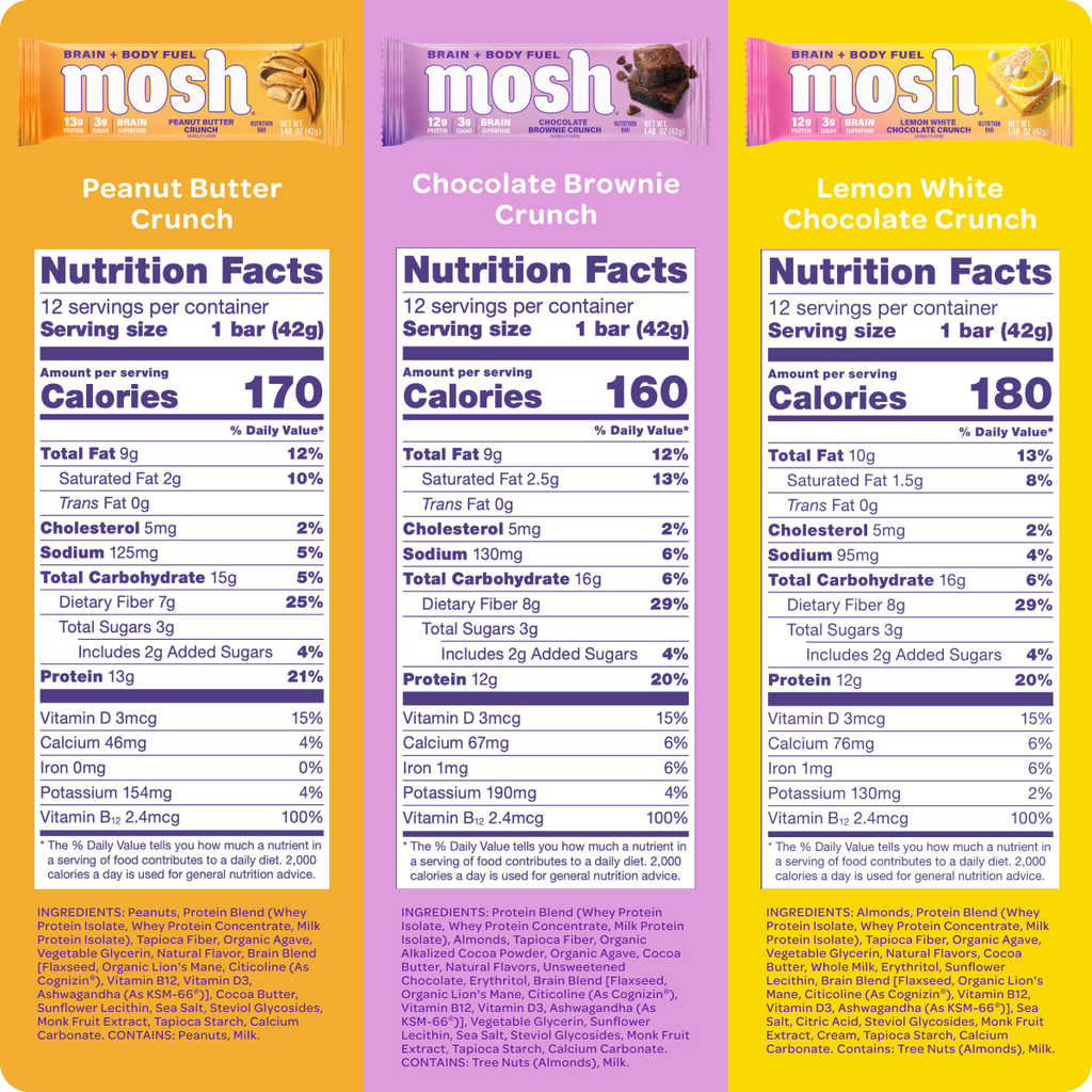 Three different flavors of Mosh bars with nutrition facts and ingredients listed.