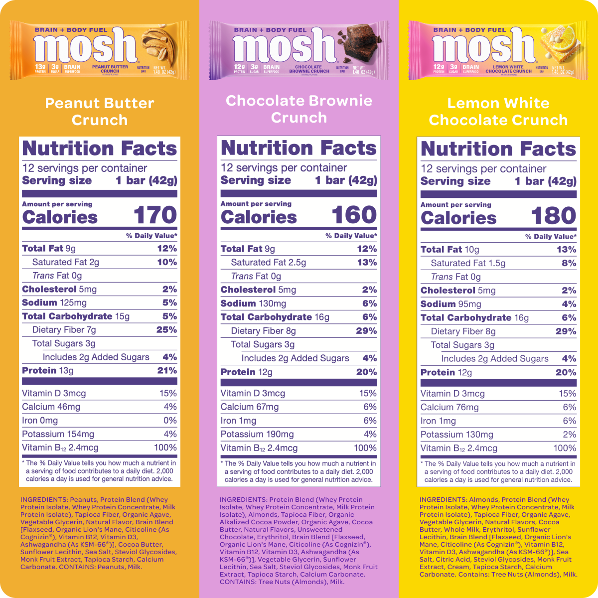 Three different flavors of Mosh bars with nutrition facts and ingredients listed.
