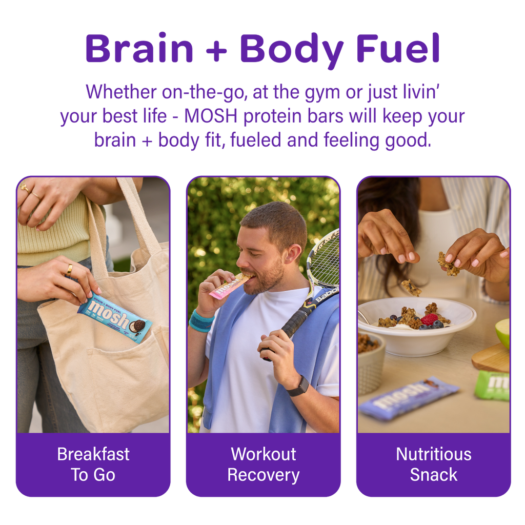 Promotional image for MOSH protein bars with people using the product in various scenarios.