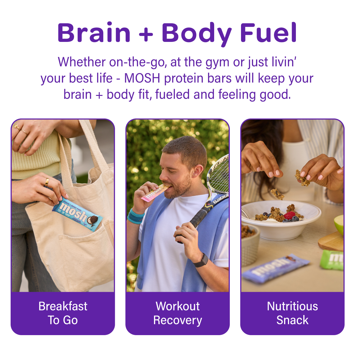 Promotional image for MOSH protein bars with people using the product in various scenarios.
