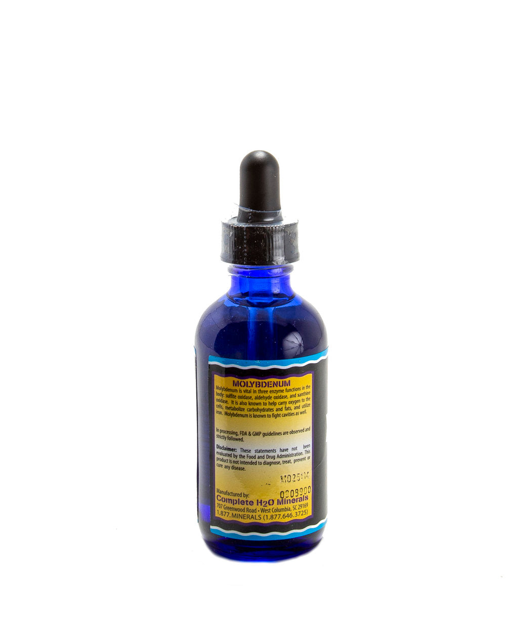 Blue glass dropper bottle with a label on a white background