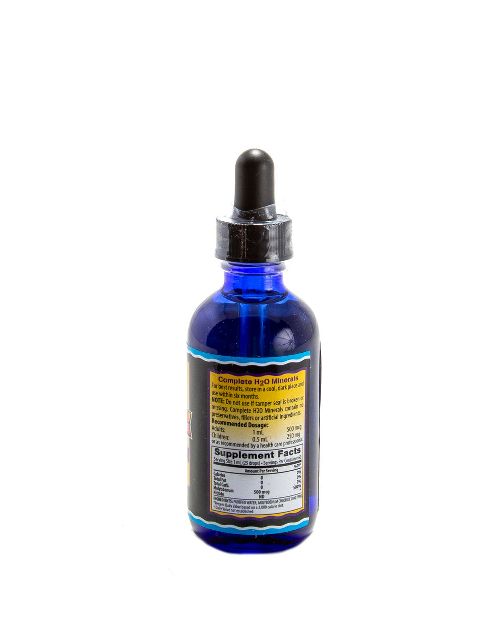 Blue glass bottle with dropper on a white background
