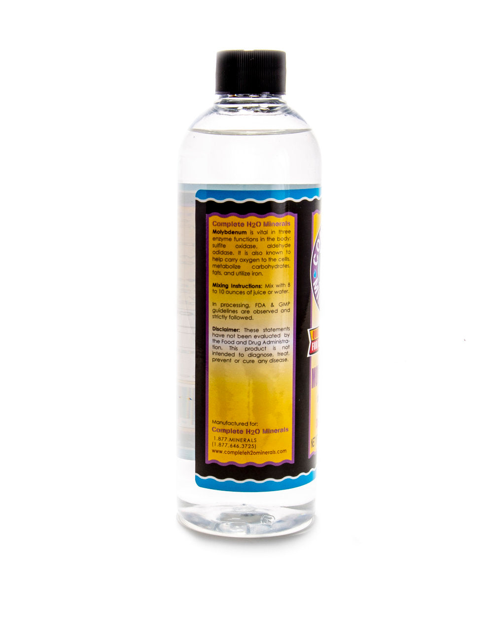 Clear bottle with a colorful label on a white background