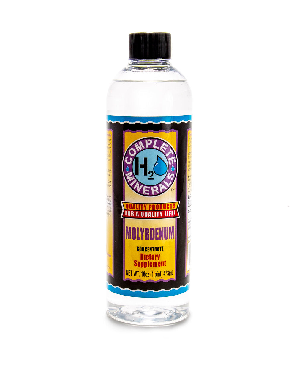 Bottle of Complete Minerals Molybdenum supplement on a white background. NET WT. 16 oz (1 pint) 473 mL