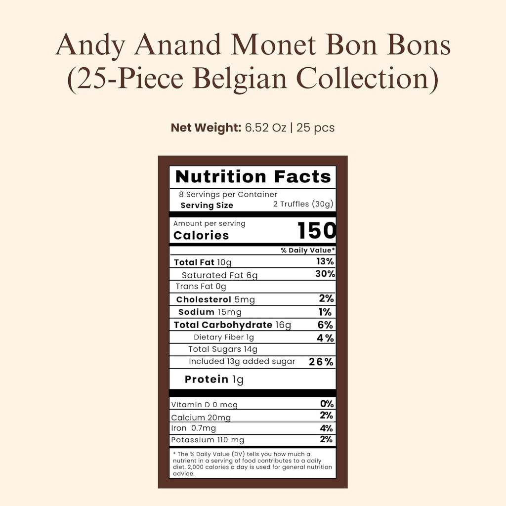 Andy Anand Chocolatier Gourmet Chocolate Bonbons Gift Box, 25 Pcs (6.52 oz) Belgian Assorted Truffles & Pralines, Gluten Free Luxury Chocolate Gift Collection