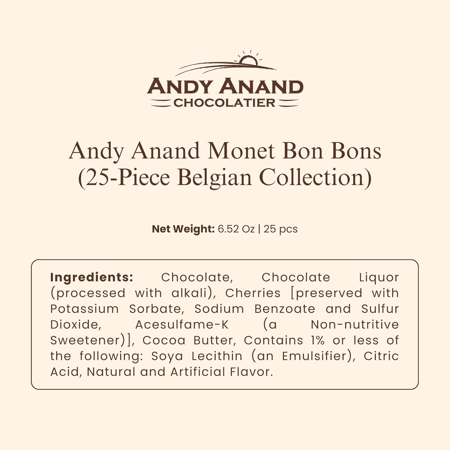 Andy Anand Chocolatier Gourmet Chocolate Bonbons Gift Box, 25 Pcs (6.52 oz) Belgian Assorted Truffles & Pralines, Gluten Free Luxury Chocolate Gift Collection
