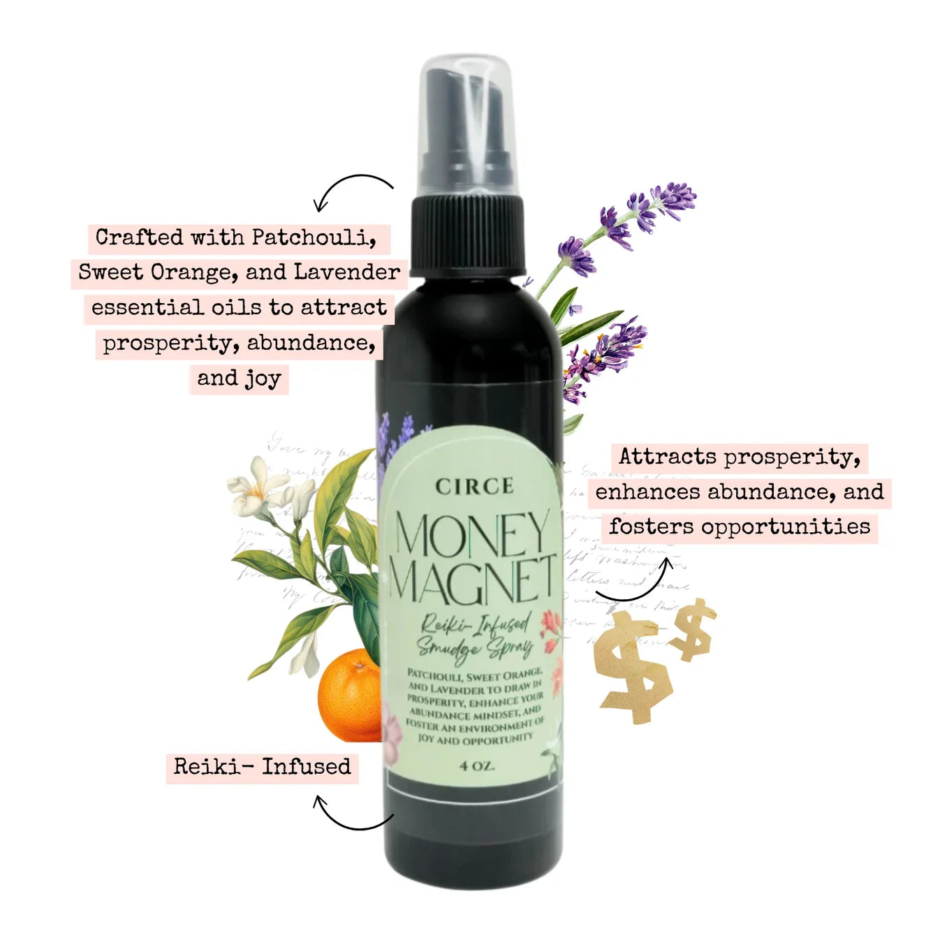 Circe Money Magnet Reiki-infused prosperity smudge spray with patchouli, sweet orange and lavender essential oils for abundance, wealth attraction, manifestation, money drawing, joy and spiritual rituals
