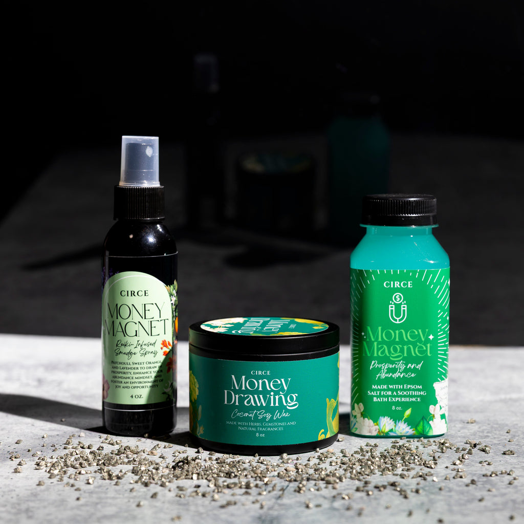 Circe Money Magnet Ritual Set with Money Drawing candle, prosperity smudge spray and abundance bath salts for wealth, manifestation and spiritual rituals