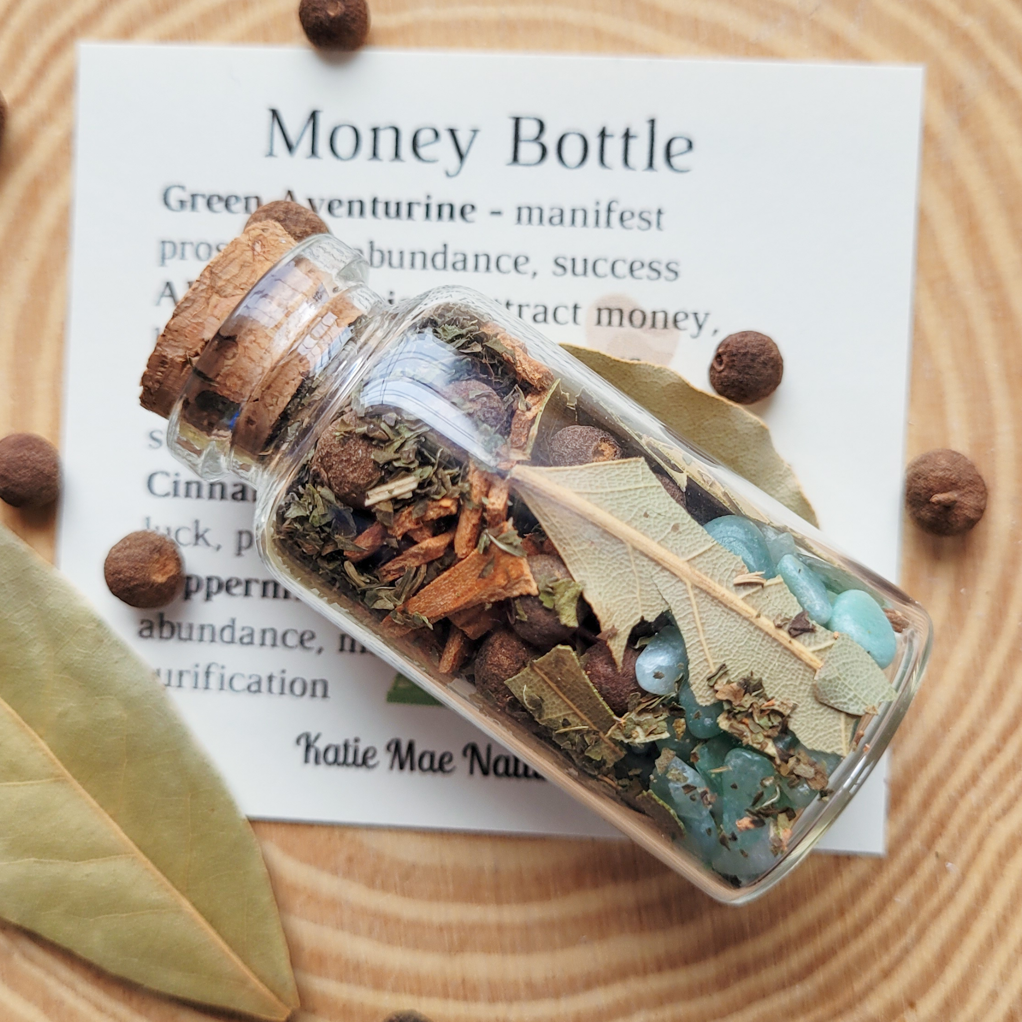 Money Spell Bottle with Herbs, Crystals & Botanicals for Attracting Wealth, Prosperity, Abundance, Success & Good Fortune – Handmade Manifestation Apothecary Bottle by Katie Mae Naturals