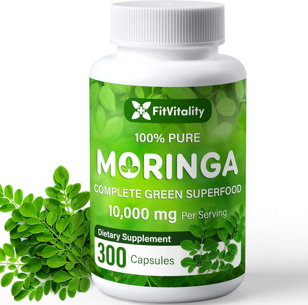 Bottle of FitVitality Moringa supplement with green leaves on a white background. Moringa Capsules | 300 Capsules | Moringa Oleifera | 10,000mg