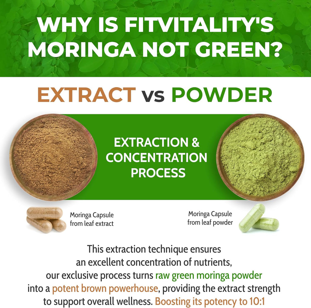 Comparison of Moringa extract and powder with text explaining the process. Moringa Capsules | 300 Capsules | Moringa Oleifera | 10,000mg
