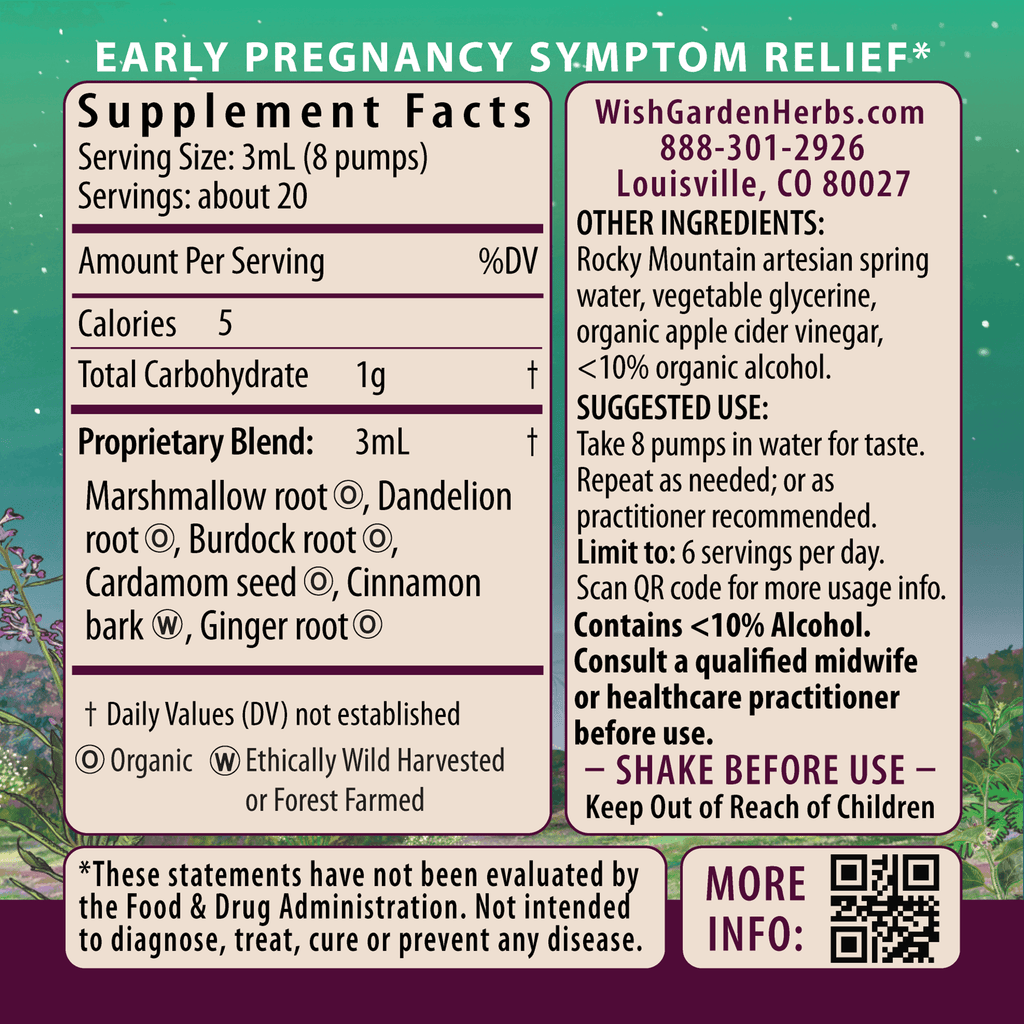Supplement label for early pregnancy symptom relief with contact information and ingredient list on a green and purple background. 'Morning Sickness Nausea Relief' with a green label on a white background. Herbal supplement with Marshmallow root, Dandelion root, Burdock root, Cardamom seed, Cinnamon bark, Ginger root. Other ingredients: Rocky Mountain artesian spring water, vegetable glycerine, organic apple cider vinegar, <10% organic alcohol.