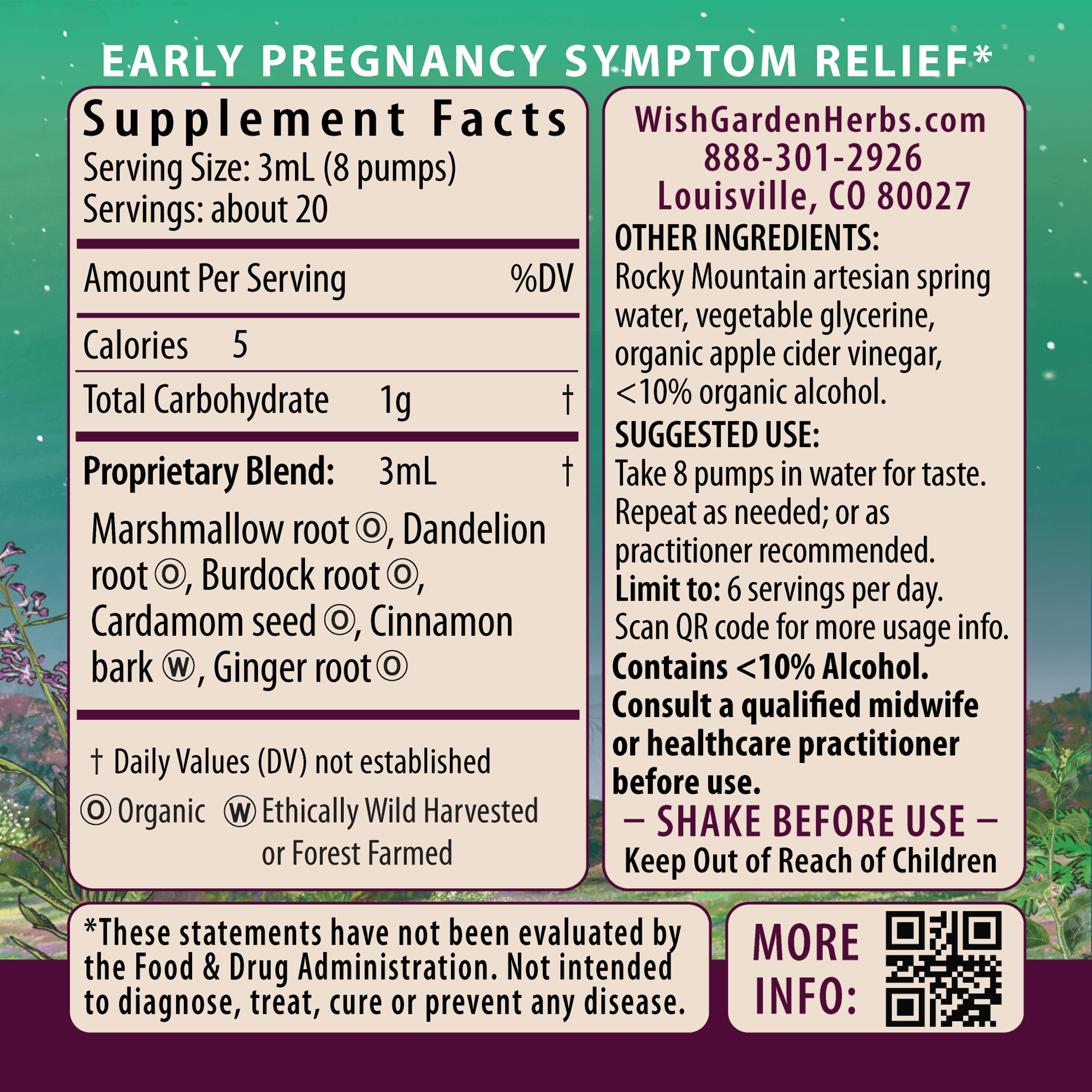 Supplement label for early pregnancy symptom relief with contact information and ingredient list on a green and purple background. 'Morning Sickness Nausea Relief' with a green label on a white background. Herbal supplement with Marshmallow root, Dandelion root, Burdock root, Cardamom seed, Cinnamon bark, Ginger root. Other ingredients: Rocky Mountain artesian spring water, vegetable glycerine, organic apple cider vinegar, <10% organic alcohol.