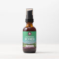 Bottle of 'Morning Sickness Nausea Relief' with a green label on a white background. Herbal liquid pump bottle with Marshmallow root, Dandelion root, Burdock root, Cardamom seed, Cinnamon bark, Ginger root.