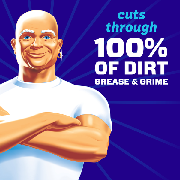 Mr. Clean cartoon character with crossed arms on a blue background with text about dirt, grease, and grime removal.