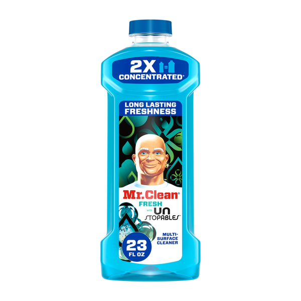 Blue bottle of Mr. Clean multi-surface cleaner on a white background