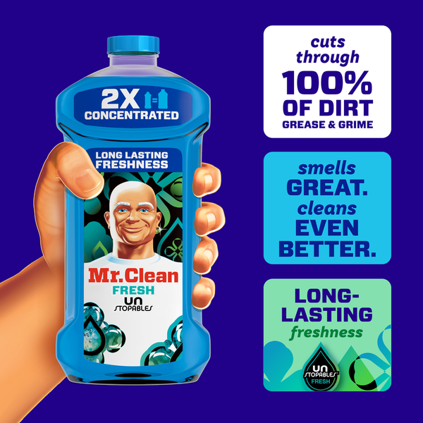 Mr. Clean dish soap bottle held by a hand with product features on a blue background