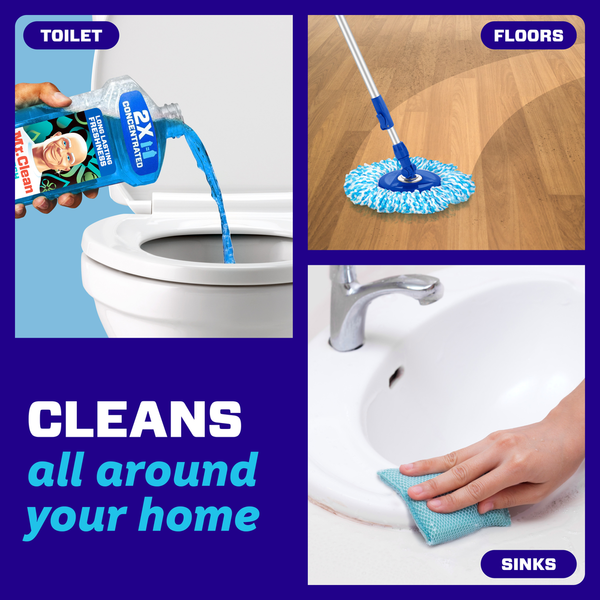 Collage of cleaning products used for toilet, floors, and sinks with text 'CLEANS all around your home'.
