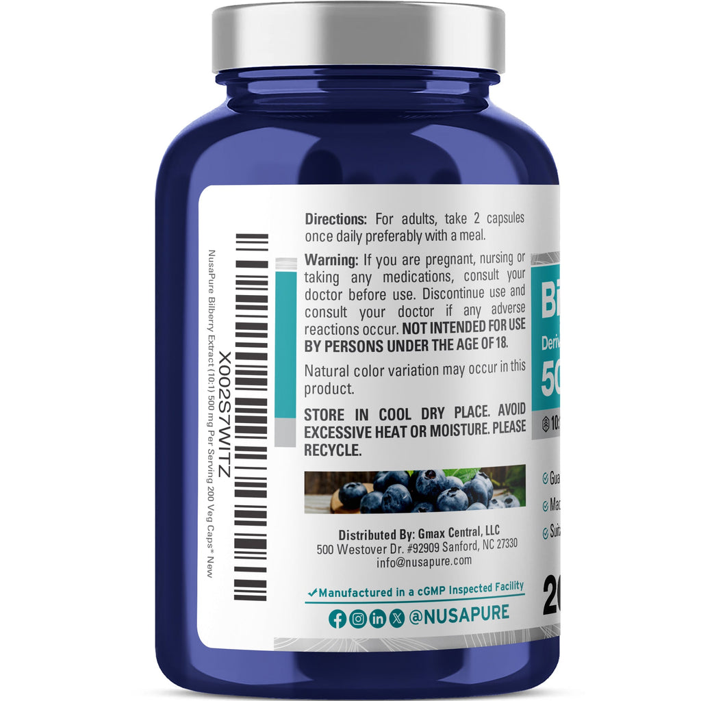 NusaPure Bilberry Extract 500mg 200 Vegetarian caps (Non-GMO, Vegan)