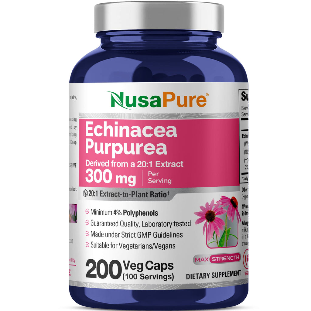 NusaPure Echinacea 20:1 Extract, 300 mg 200 Veggie Caps, Vegan, Non-GMO, Gluten Free Supplement