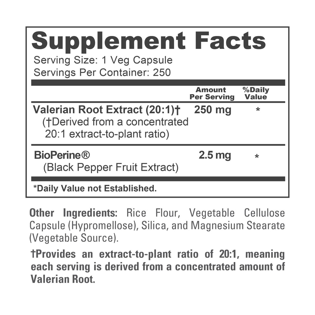 Supplement label with Valerian Root Extract and BioPerine on a white background
