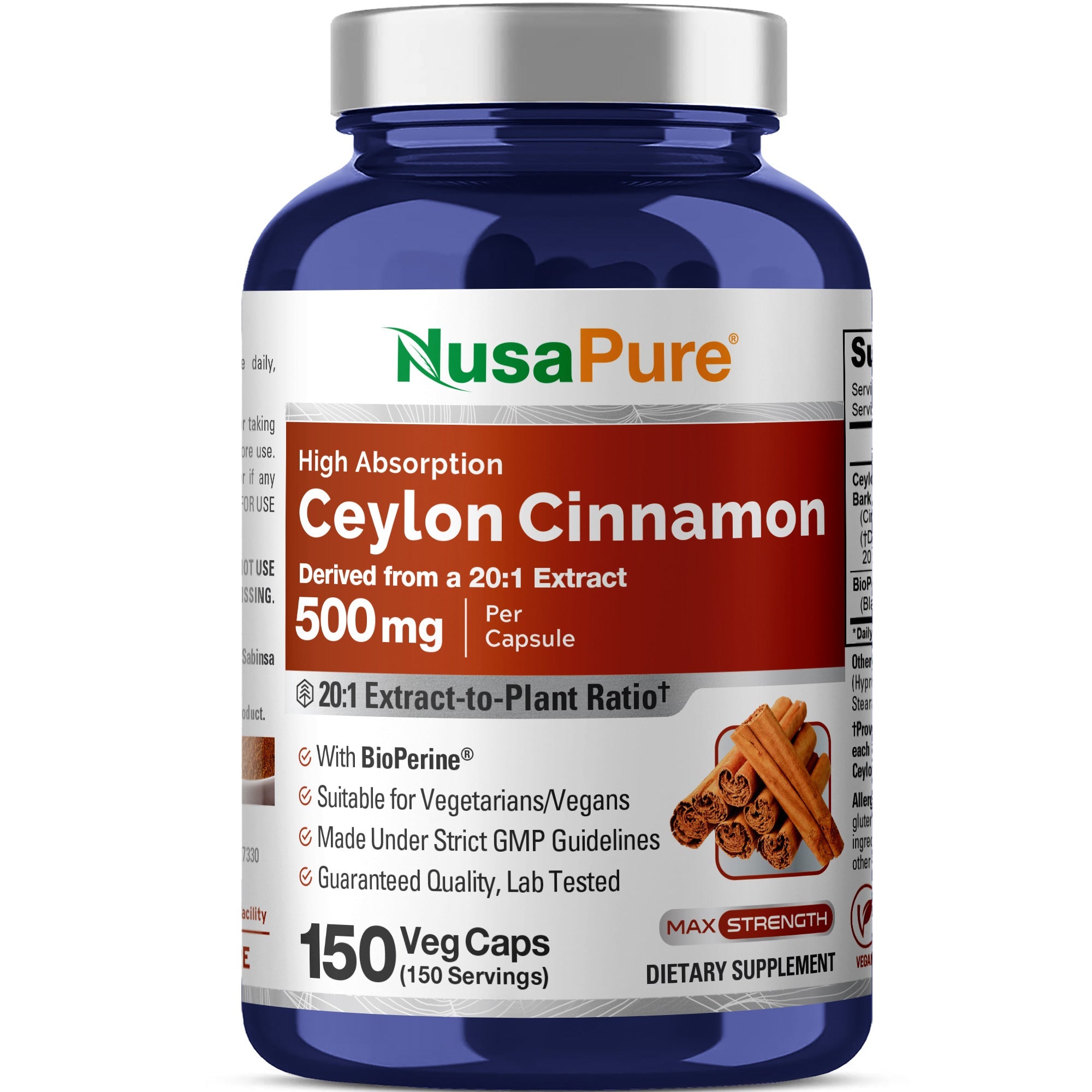 NusaPure Ceylon Cinnamon 20:1 Extract, 500 mg per Capsule | 150 Veggie Capsules | Non-GMO, Vegan with Bioperine