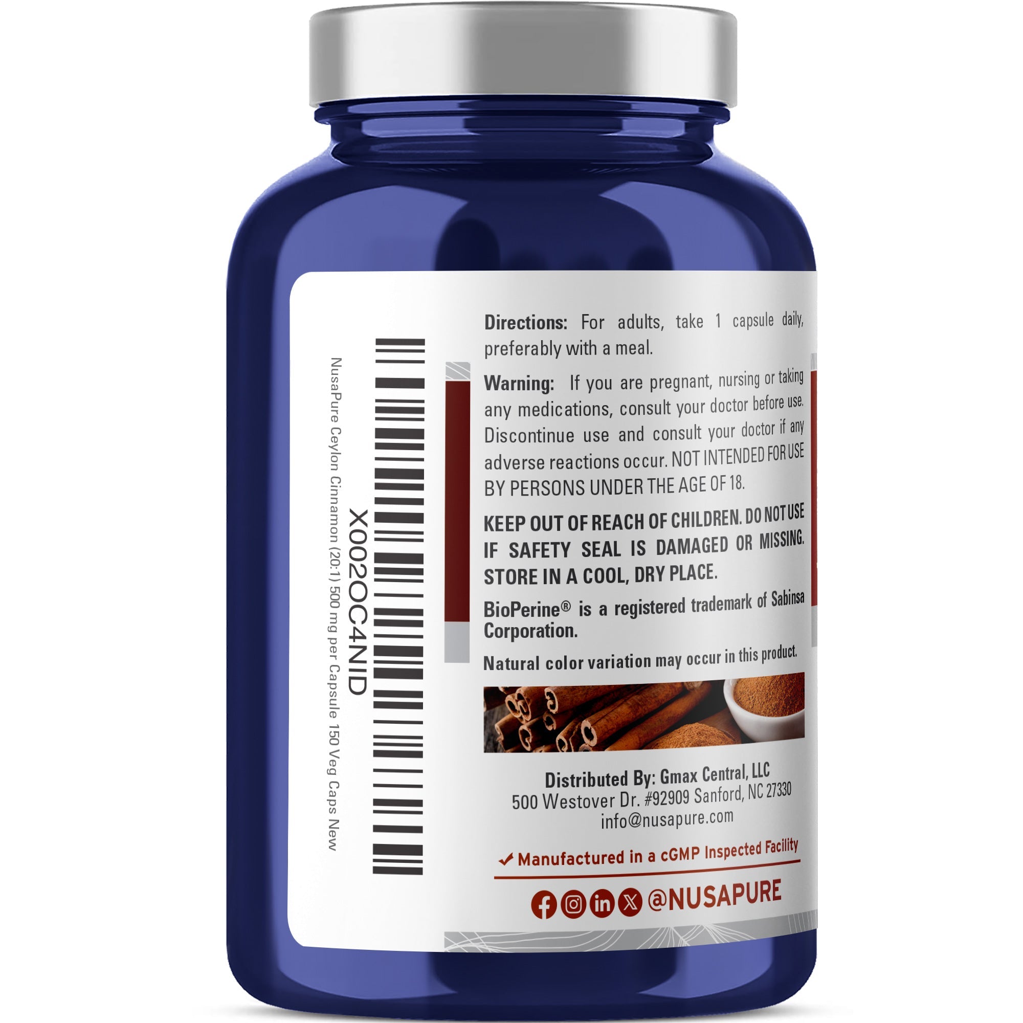 NusaPure Ceylon Cinnamon 20:1 Extract, 500 mg per Capsule | 150 Veggie Capsules | Non-GMO, Vegan with Bioperine
