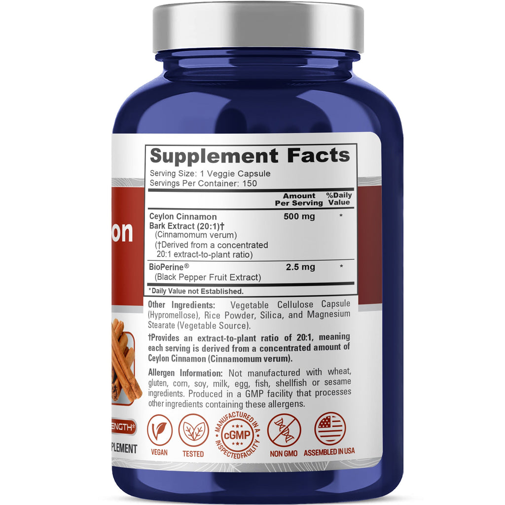 NusaPure Ceylon Cinnamon 20:1 Extract, 500 mg per Capsule | 150 Veggie Capsules | Non-GMO, Vegan with Bioperine