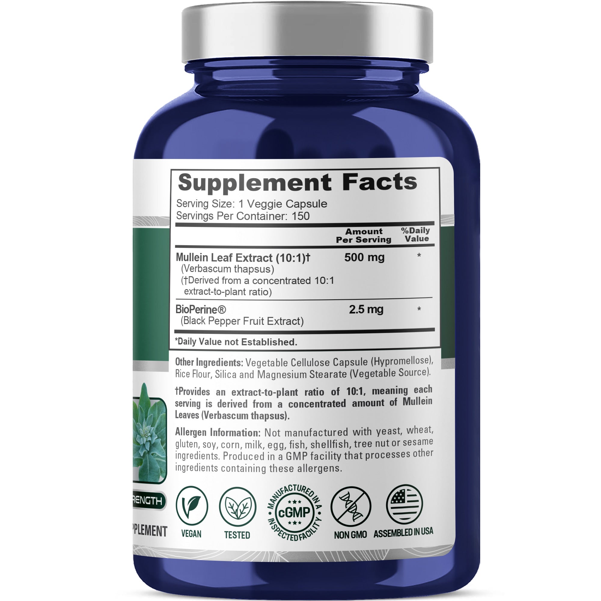 NusaPure Mullein Leaf Capsules 10:1 Extract, 500 mg per Veggie Caps - 150 Count - Verbascum Thapsus (Non-GMO, Vegan) Dietary Supplement