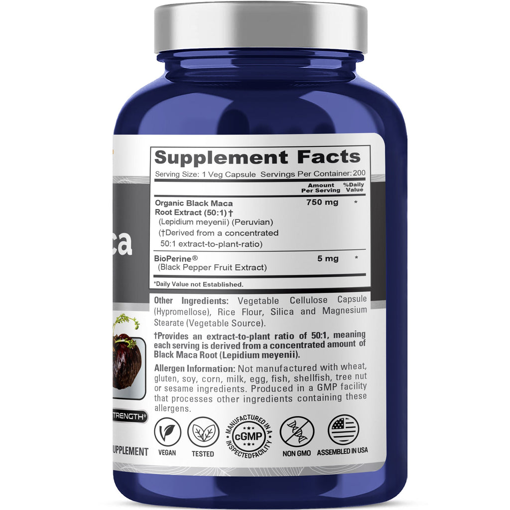 NusaPure Peruvian Black Maca Root Extract 750mg 50:1 - Suitable for Vegetarian/Vegan, Non - GMO - 37500 mg - 200 Capsules
